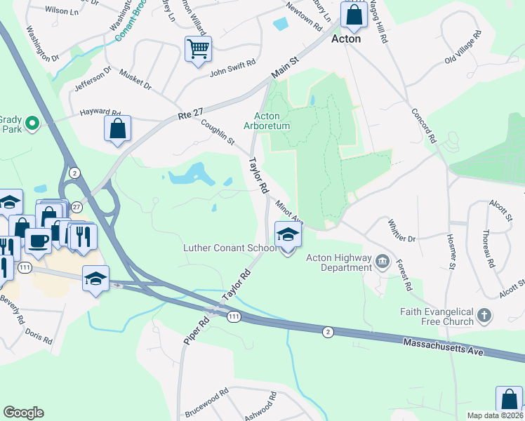 map of restaurants, bars, coffee shops, grocery stores, and more near 70 Taylor Road in Acton