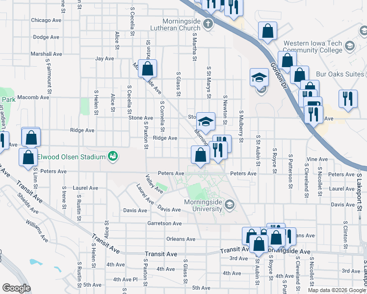 map of restaurants, bars, coffee shops, grocery stores, and more near 1312 South Glass Street in Sioux City