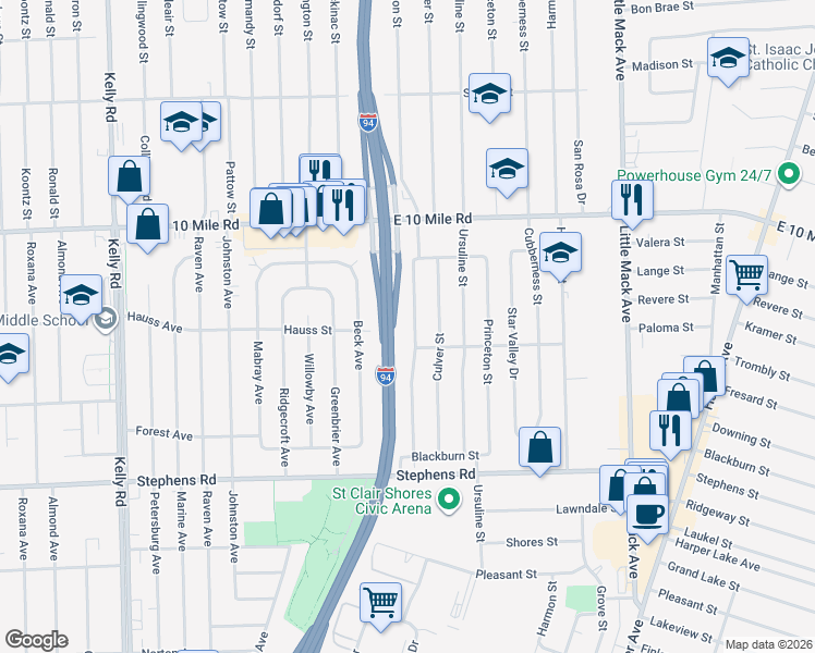 map of restaurants, bars, coffee shops, grocery stores, and more near 24713 Wood Street in St. Clair Shores