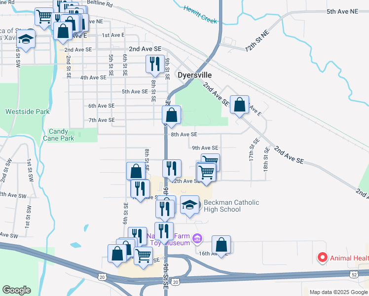map of restaurants, bars, coffee shops, grocery stores, and more near 820 11th Street Southeast in Dyersville