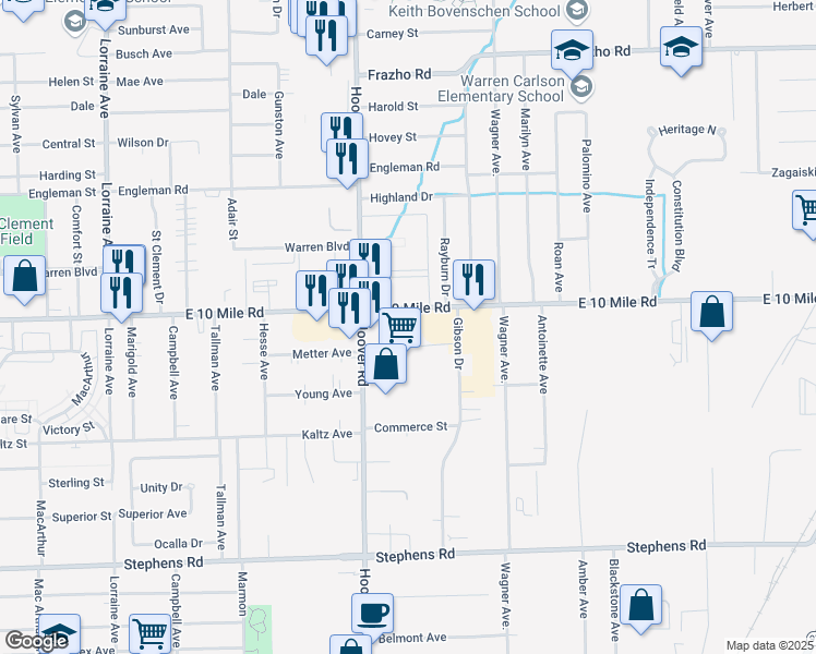 map of restaurants, bars, coffee shops, grocery stores, and more near 11700 East 10 Mile Road in Warren