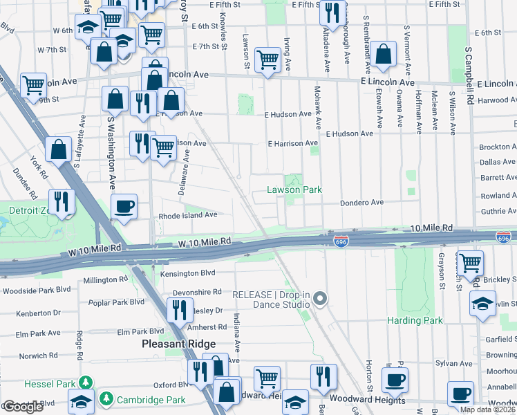 map of restaurants, bars, coffee shops, grocery stores, and more near 1534 Maryland Club Drive in Royal Oak