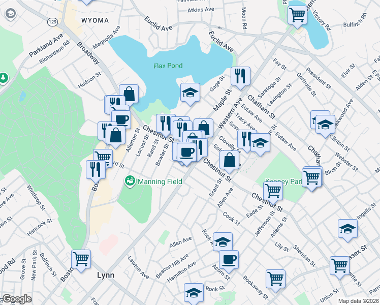 map of restaurants, bars, coffee shops, grocery stores, and more near 61 Tucker Street in Lynn