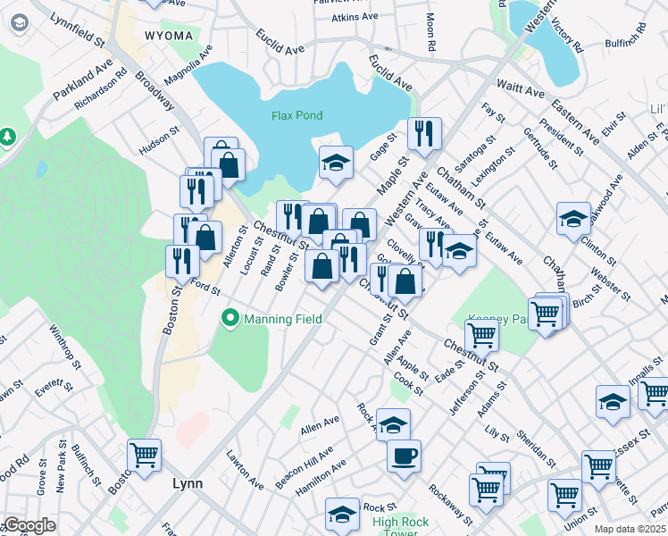 map of restaurants, bars, coffee shops, grocery stores, and more near 61 Tucker Street in Lynn