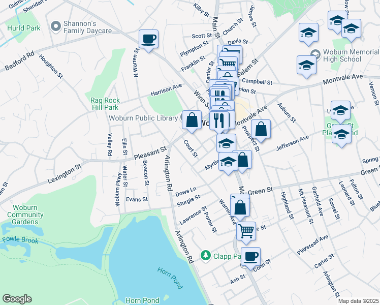 map of restaurants, bars, coffee shops, grocery stores, and more near 18 Warren Avenue in Woburn