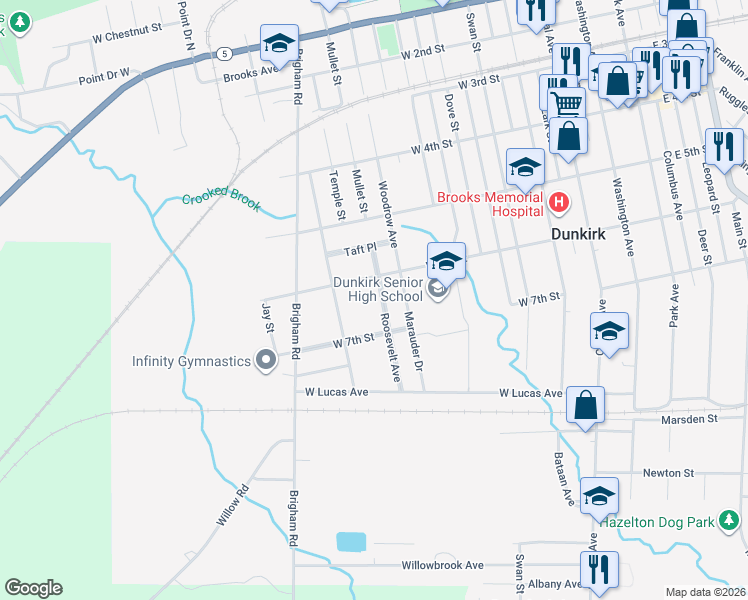 map of restaurants, bars, coffee shops, grocery stores, and more near 617 Roosevelt Avenue in Dunkirk