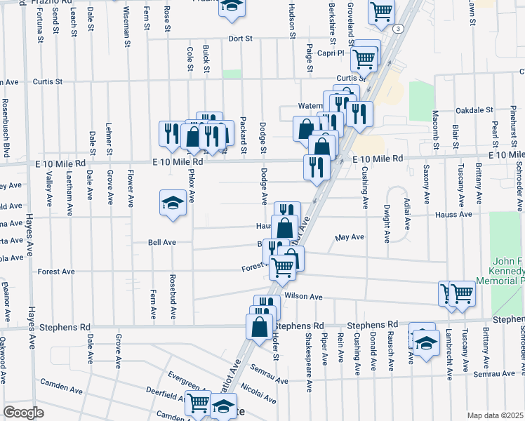 map of restaurants, bars, coffee shops, grocery stores, and more near 16197 Hauss Avenue in Eastpointe