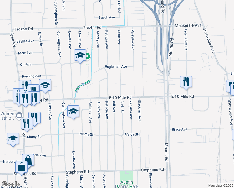 map of restaurants, bars, coffee shops, grocery stores, and more near in Warren