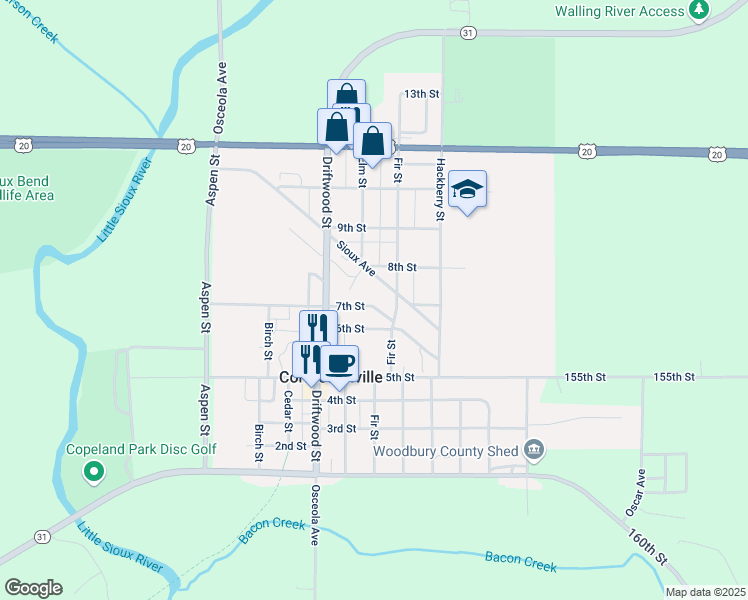 map of restaurants, bars, coffee shops, grocery stores, and more near 502 7th Street in Correctionville