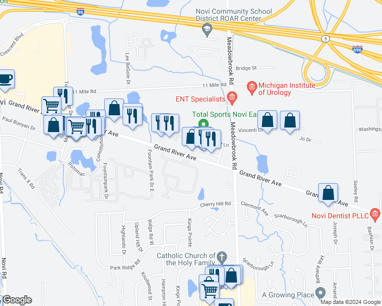map of restaurants, bars, coffee shops, grocery stores, and more near 25526 Portico Lane in Novi