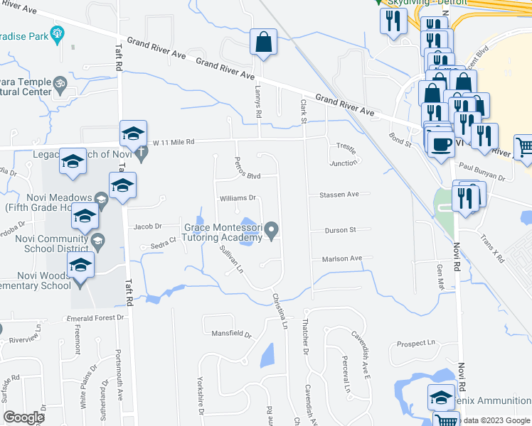 map of restaurants, bars, coffee shops, grocery stores, and more near 25498 Anthony Drive in Novi