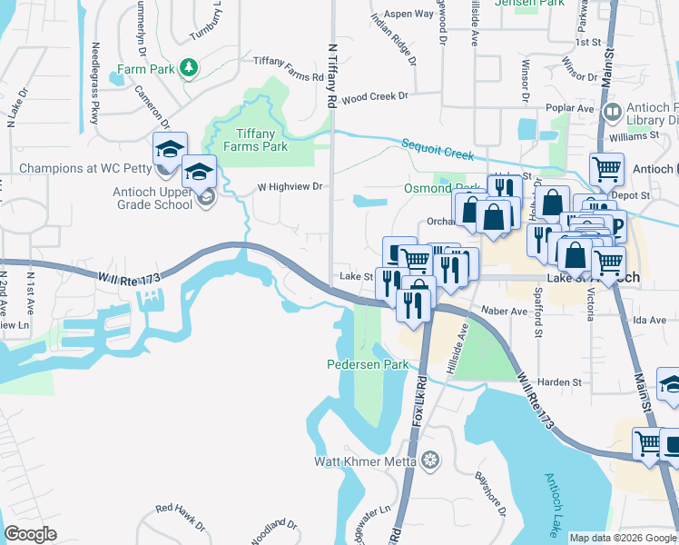 map of restaurants, bars, coffee shops, grocery stores, and more near 711 Illinois 173 in Antioch