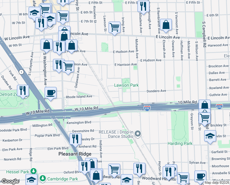 map of restaurants, bars, coffee shops, grocery stores, and more near 622 Macwilliams Lane in Royal Oak