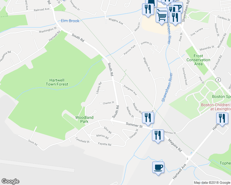 map of restaurants, bars, coffee shops, grocery stores, and more near 289 South Road in Bedford