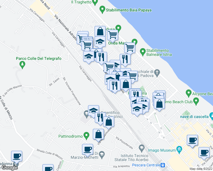 map of restaurants, bars, coffee shops, grocery stores, and more near 94 Via Raffaello Sanzio in Pescara