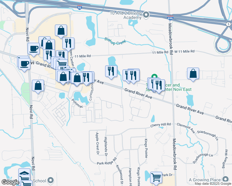 map of restaurants, bars, coffee shops, grocery stores, and more near 42235 Grand River Avenue in Novi