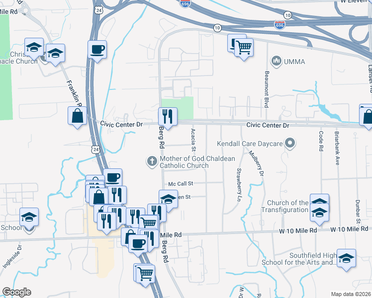 map of restaurants, bars, coffee shops, grocery stores, and more near 23736 Clarkson Street in Southfield