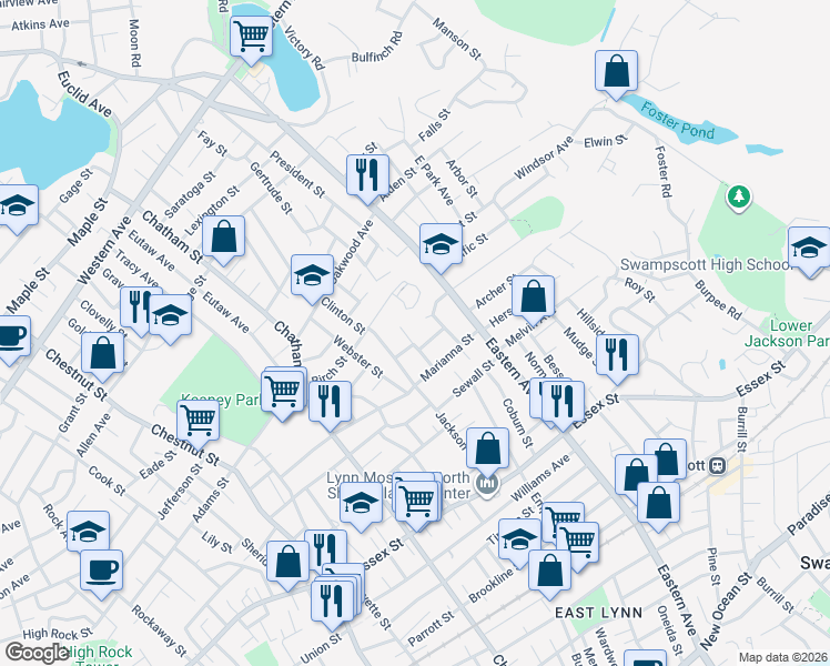 map of restaurants, bars, coffee shops, grocery stores, and more near 137 Jackson Street in Lynn
