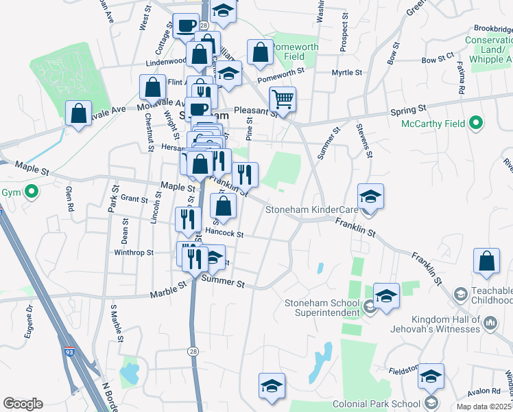 map of restaurants, bars, coffee shops, grocery stores, and more near 9 Pearl Street in Stoneham