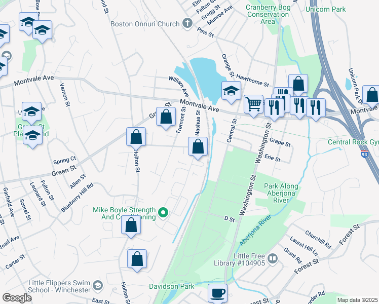 map of restaurants, bars, coffee shops, grocery stores, and more near 3 Draper Street in Woburn