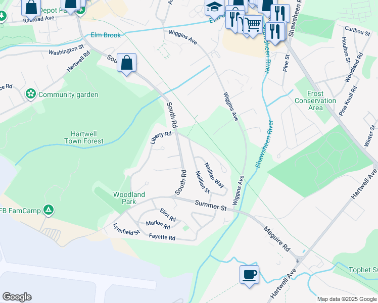 map of restaurants, bars, coffee shops, grocery stores, and more near 17 Neillian Street in Bedford