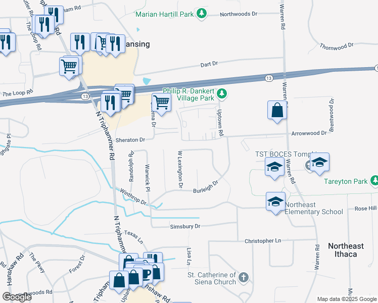 map of restaurants, bars, coffee shops, grocery stores, and more near 115 Lexington Drive in Ithaca
