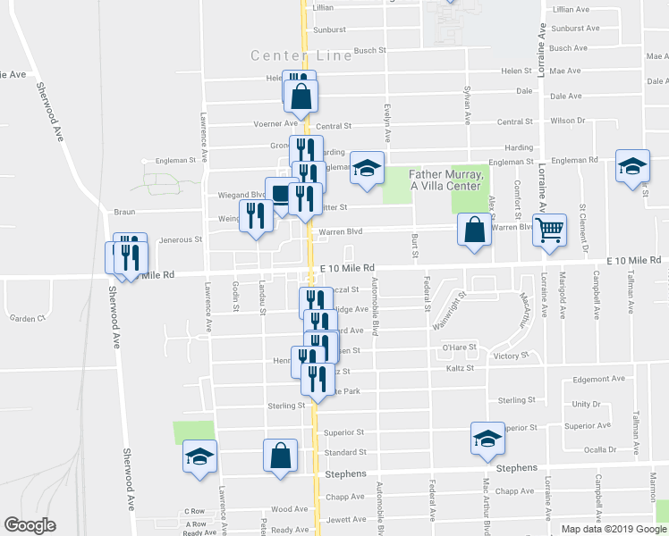 map of restaurants, bars, coffee shops, grocery stores, and more near 8033 East 10 Mile Road in Center Line