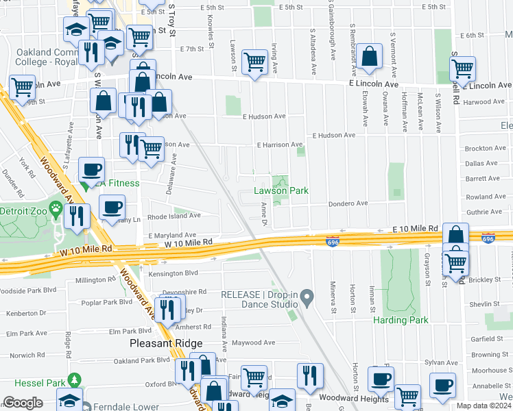 map of restaurants, bars, coffee shops, grocery stores, and more near 622 Macwilliams Lane in Royal Oak