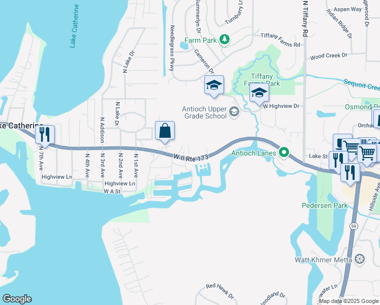 map of restaurants, bars, coffee shops, grocery stores, and more near 24866 Illinois 173 in Antioch