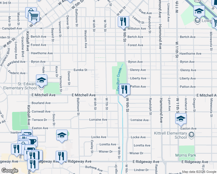 map of restaurants, bars, coffee shops, grocery stores, and more near 1952 West 7th Street in Waterloo