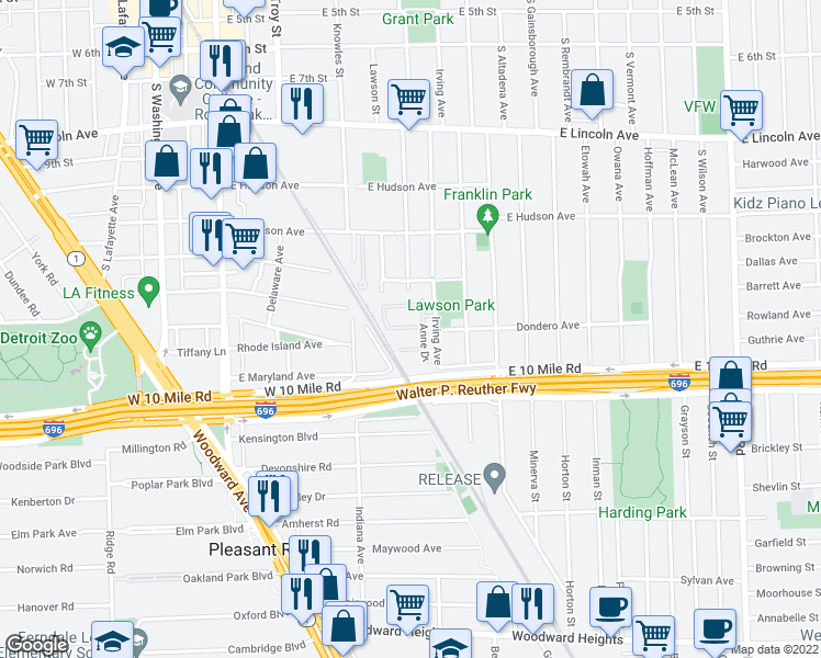 map of restaurants, bars, coffee shops, grocery stores, and more near 622 Macwilliams Lane in Royal Oak