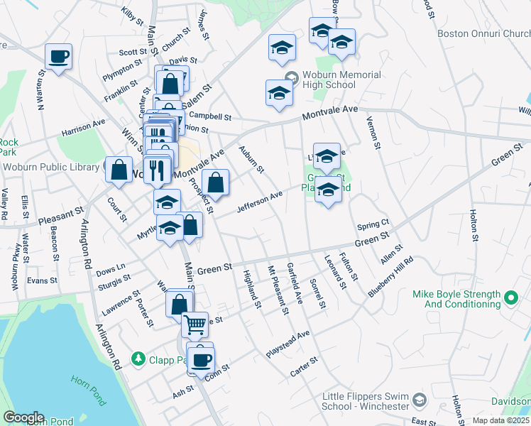 map of restaurants, bars, coffee shops, grocery stores, and more near 29 Garfield Avenue in Woburn