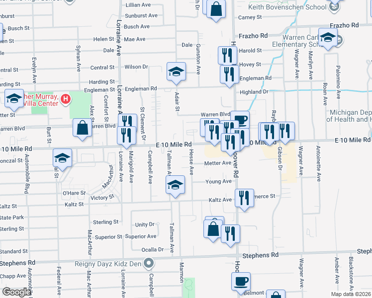 map of restaurants, bars, coffee shops, grocery stores, and more near 11362 Konczal Avenue in Warren
