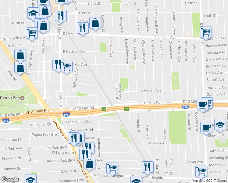 map of restaurants, bars, coffee shops, grocery stores, and more near 622 Macwilliams Lane in Royal Oak