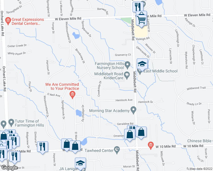 map of restaurants, bars, coffee shops, grocery stores, and more near 29790 Edgehill Avenue in Farmington Hills
