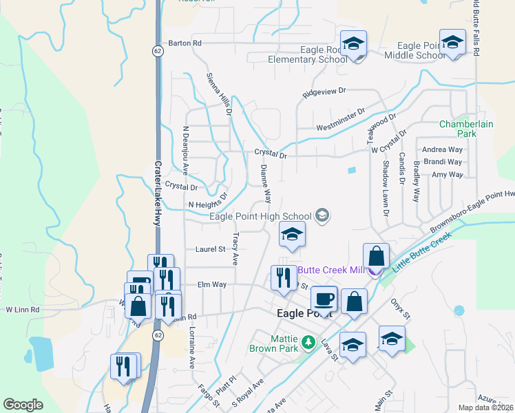 map of restaurants, bars, coffee shops, grocery stores, and more near 468 Merlee Circle in Eagle Point