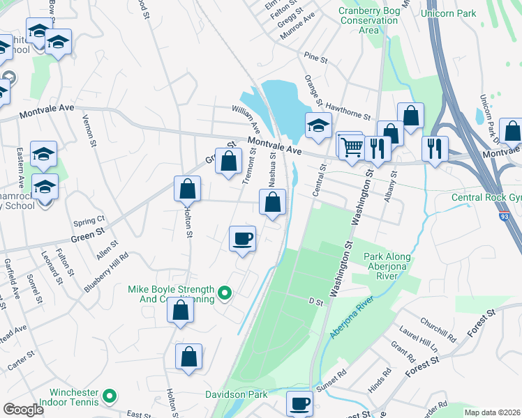 map of restaurants, bars, coffee shops, grocery stores, and more near 3 Draper Street in Woburn