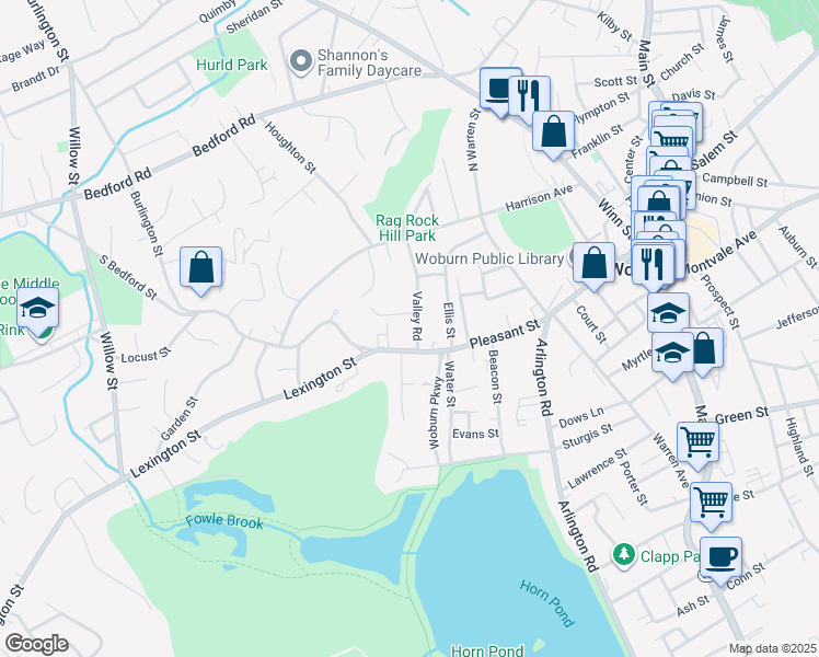 map of restaurants, bars, coffee shops, grocery stores, and more near 137 Pleasant Street in Woburn