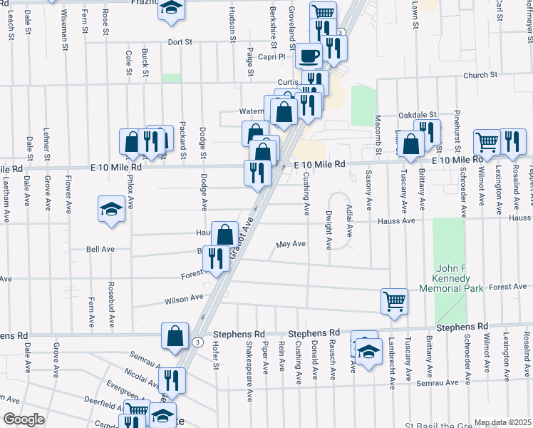 map of restaurants, bars, coffee shops, grocery stores, and more near 16840 Hauss Avenue in Eastpointe