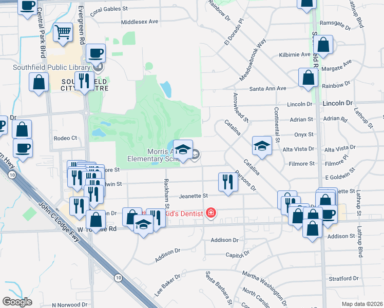 map of restaurants, bars, coffee shops, grocery stores, and more near 19100 Filmore Street in Southfield