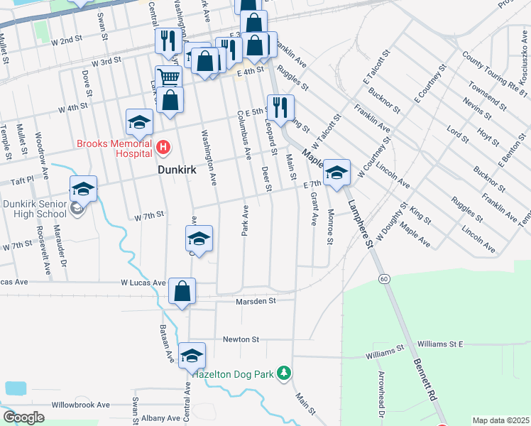 map of restaurants, bars, coffee shops, grocery stores, and more near 740 Park Avenue in Dunkirk