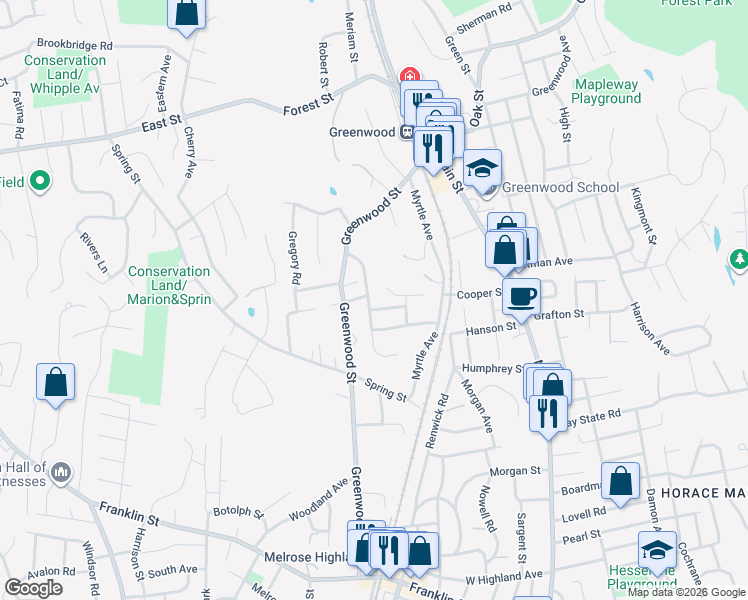 map of restaurants, bars, coffee shops, grocery stores, and more near 12 Crystal Street in Wakefield