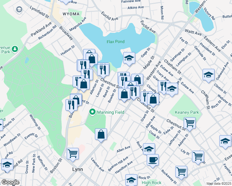 map of restaurants, bars, coffee shops, grocery stores, and more near 283 Maple Street in Lynn