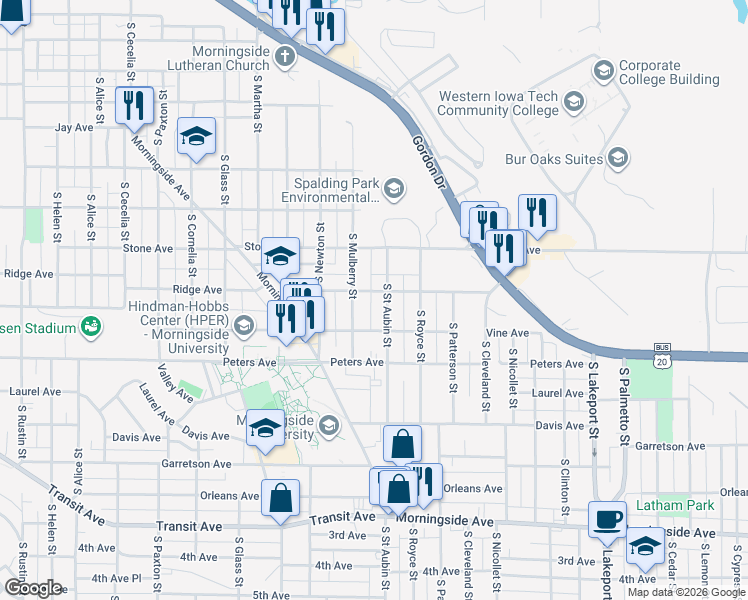 map of restaurants, bars, coffee shops, grocery stores, and more near 1324 South Mulberry Street in Sioux City