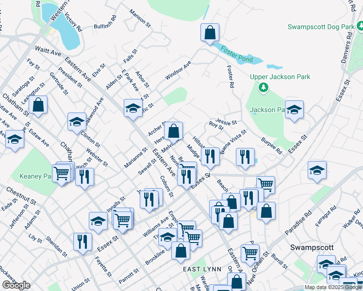 map of restaurants, bars, coffee shops, grocery stores, and more near 53 Bessom Street in Lynn