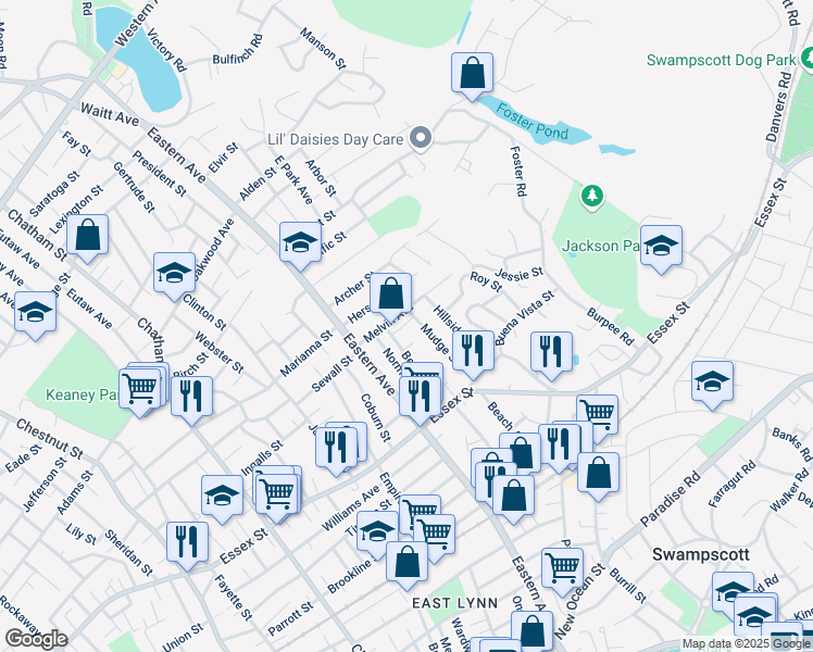 map of restaurants, bars, coffee shops, grocery stores, and more near 53 Bessom Street in Lynn