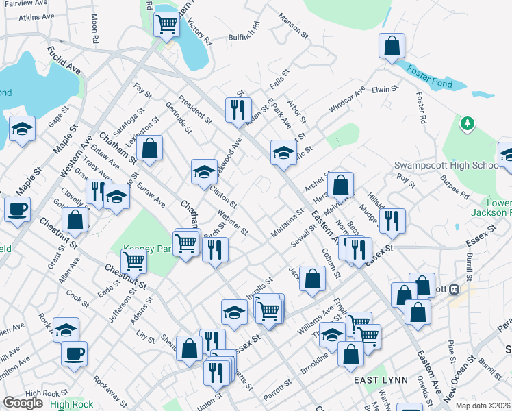 map of restaurants, bars, coffee shops, grocery stores, and more near 137 Jackson Street in Lynn