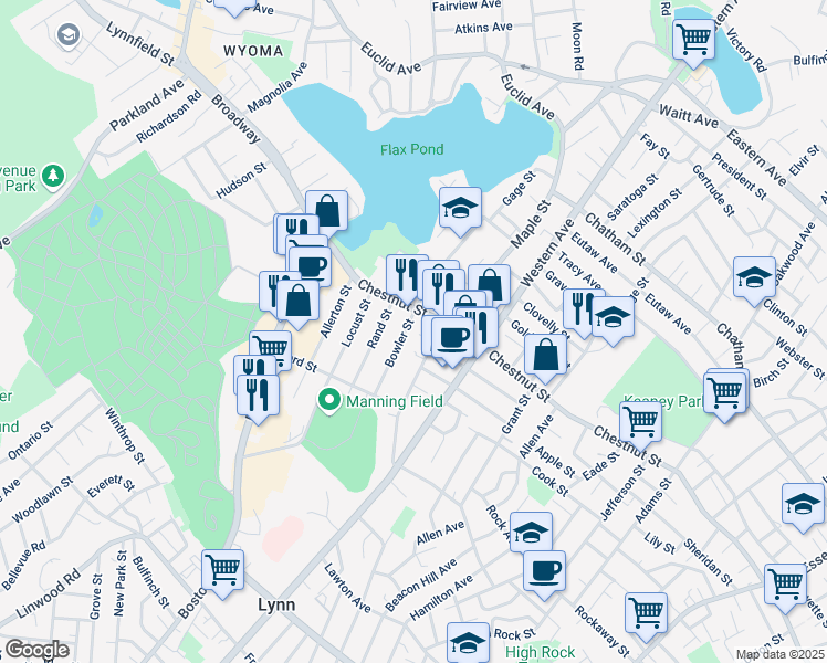 map of restaurants, bars, coffee shops, grocery stores, and more near 283 Maple Street in Lynn