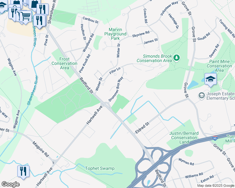 map of restaurants, bars, coffee shops, grocery stores, and more near 475 Bedford Street in Lexington