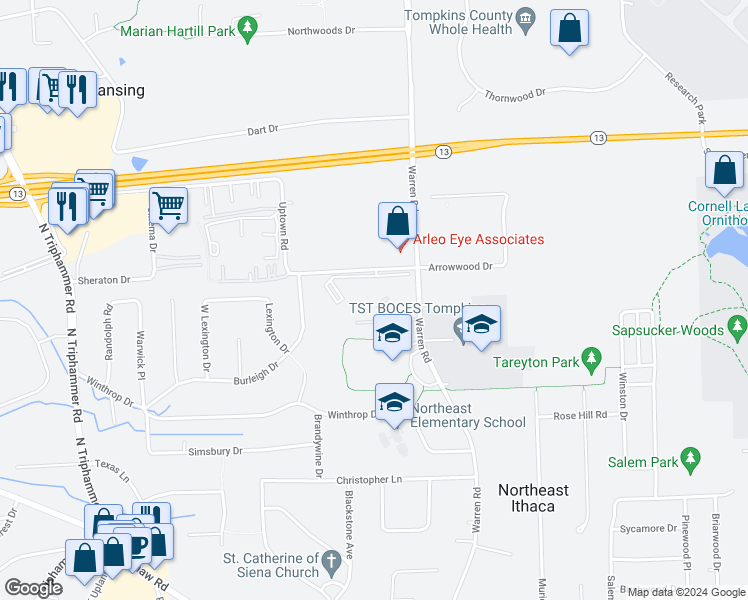 map of restaurants, bars, coffee shops, grocery stores, and more near 572 Warren Road in Ithaca